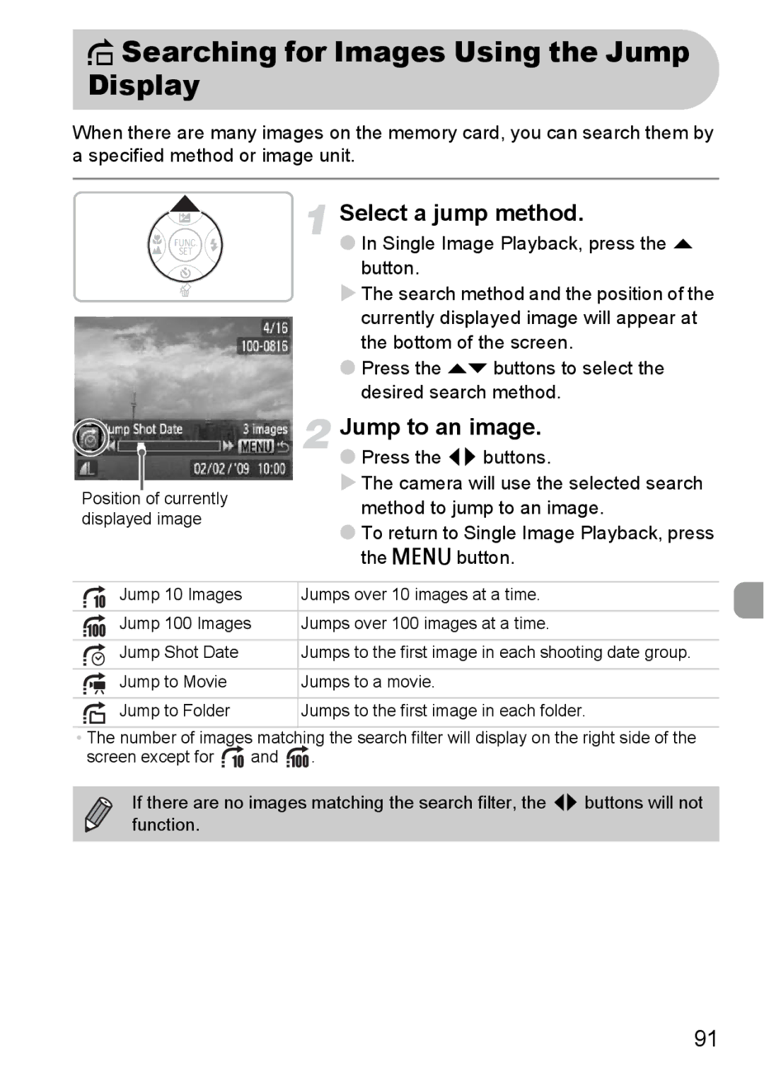 Canon A2100 IS manual Searching for Images Using the Jump Display, Select a jump method, Jump to an image 