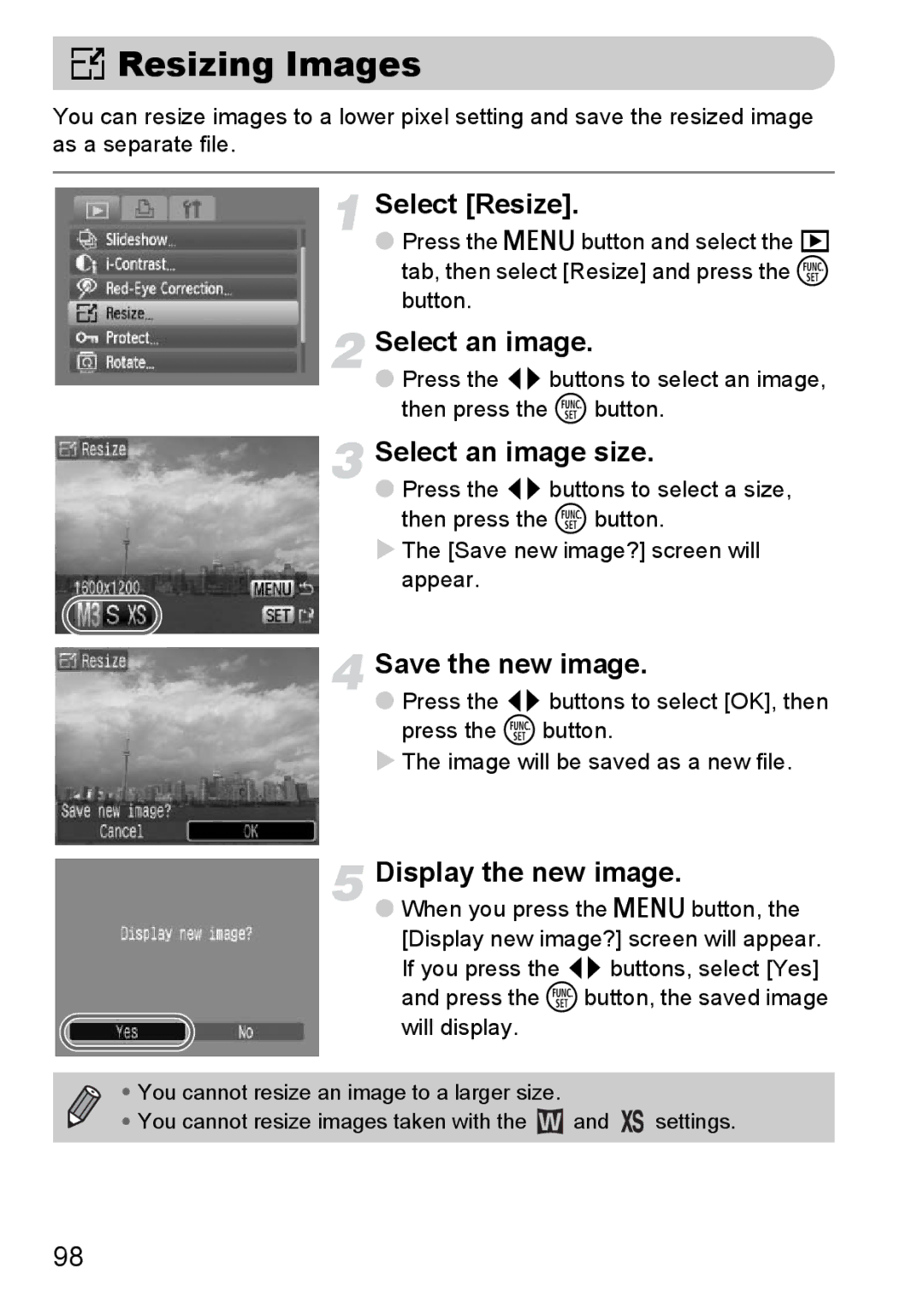 Canon A2100 IS manual = Resizing Images, Select Resize, Select an image size, Save the new image, Display the new image 