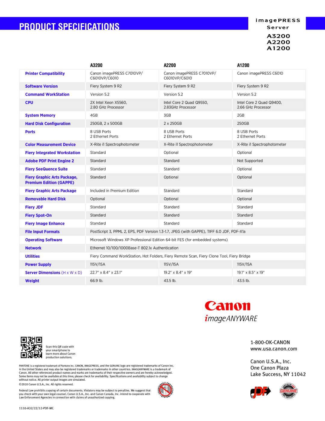 Canon A1200, A2200, A3200 manual Product Specifications 