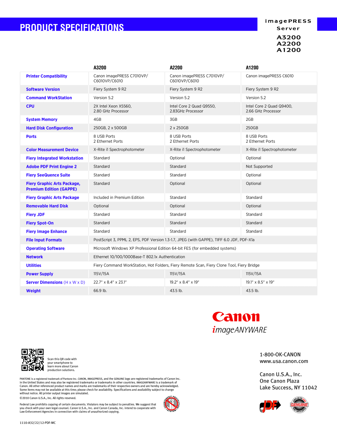 Canon A1200 manual Product Specifications, Canon U.S.A., Inc One Canon Plaza Lake Success, NY, A3200, A2200 