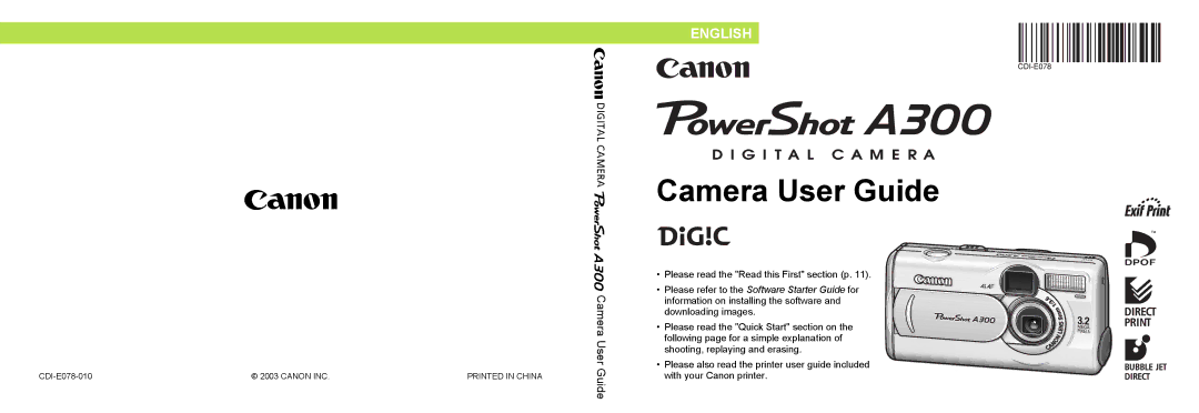 Canon A300 quick start Camera User Guide 