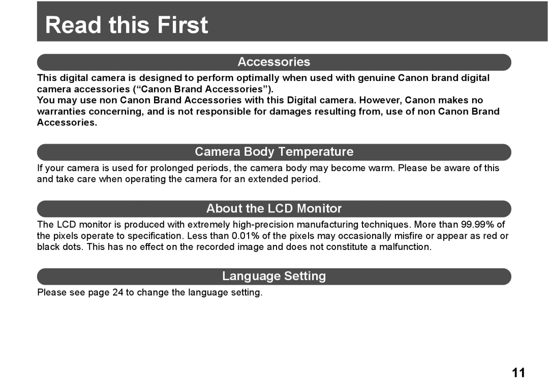 Canon A300 quick start Read this First, Accessories, Camera Body Temperature, About the LCD Monitor, Language Setting 