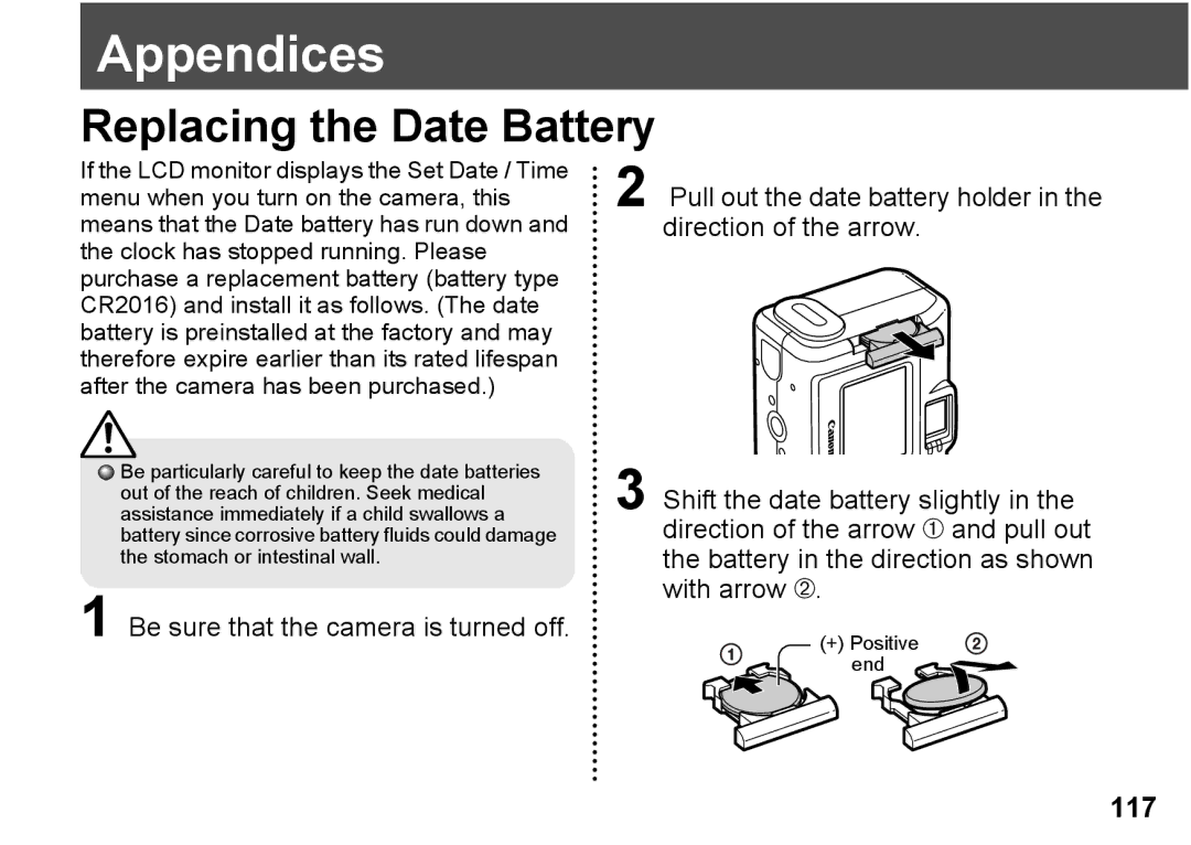 Canon A300 quick start Appendices, Replacing the Date Battery, Direction of the arrow, Shift the date battery slightly 