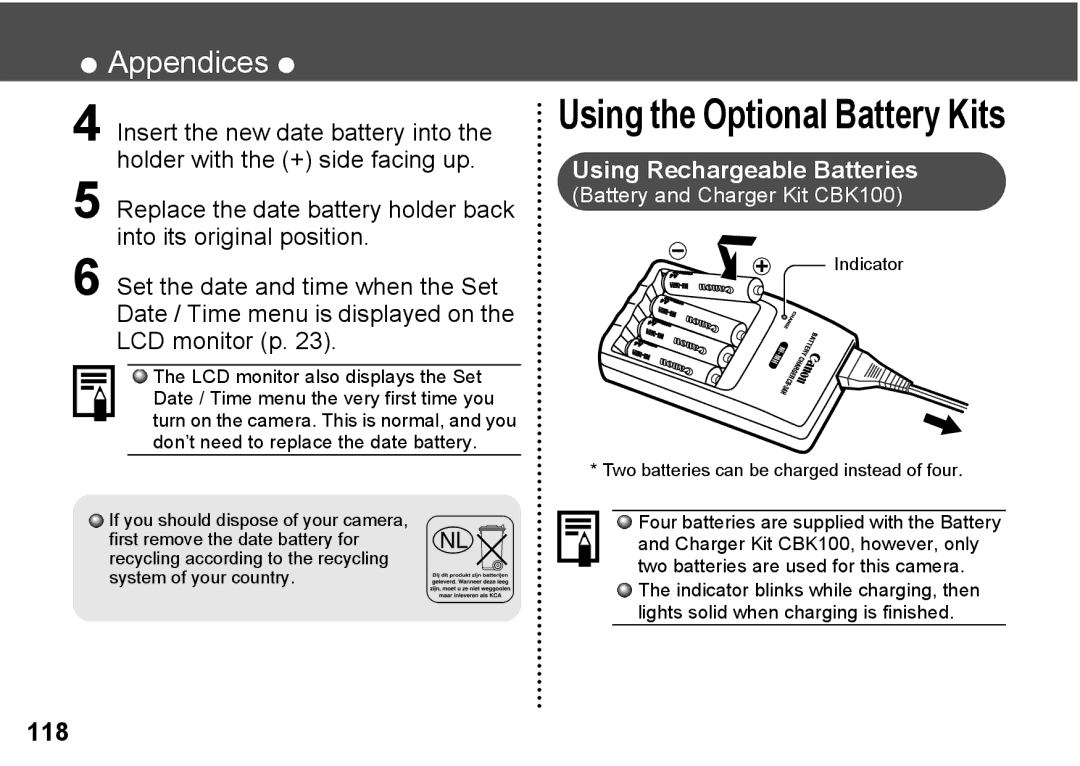 Canon A300 quick start Appendices, Using Rechargeable Batteries 