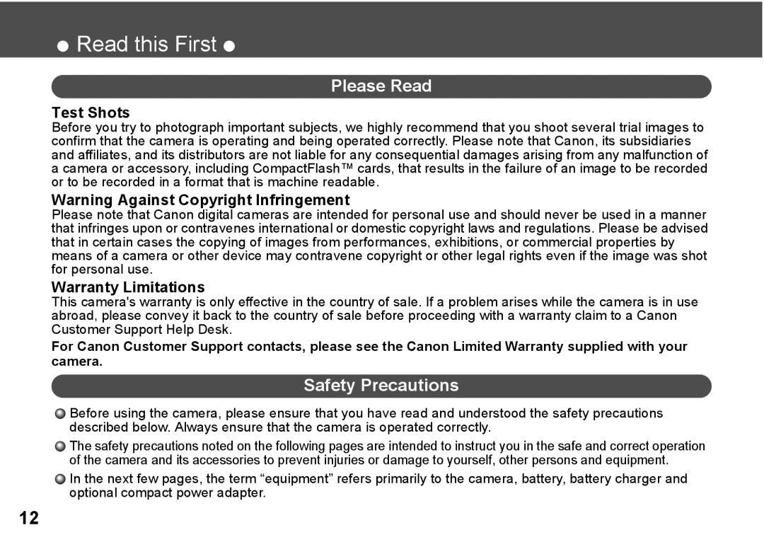 Canon A300 quick start Please Read, Safety Precautions 