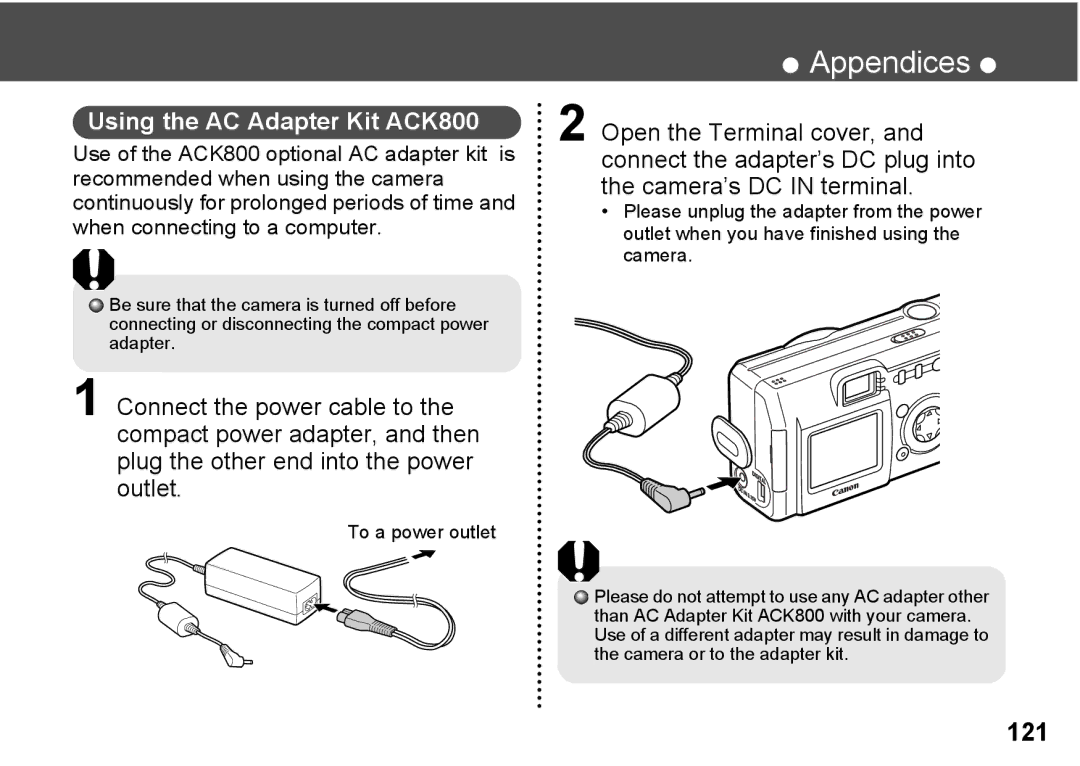 Canon A300 quick start Using the AC Adapter Kit ACK800, To a power outlet 