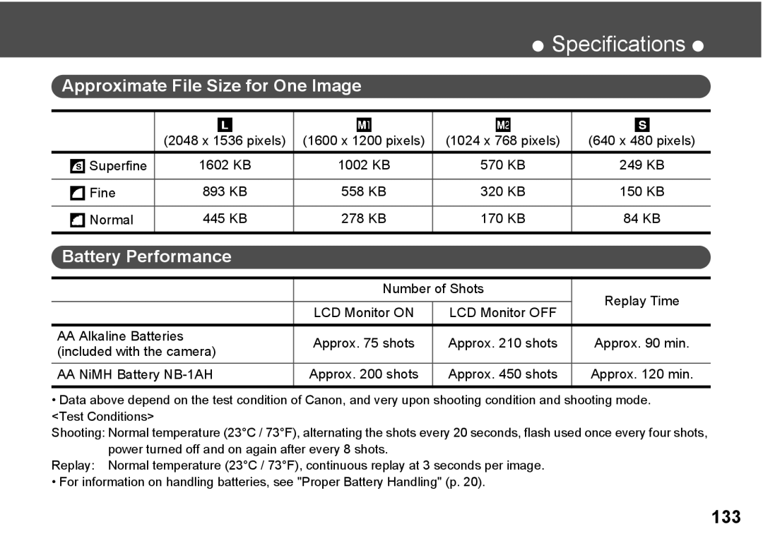 Canon A300 quick start Approximate File Size for One Image, Battery Performance 