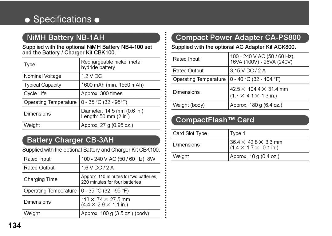 Canon A300 quick start NiMH Battery NB-1AH, Battery Charger CB-3AH, Compact Power Adapter CA-PS800, CompactFlash Card 