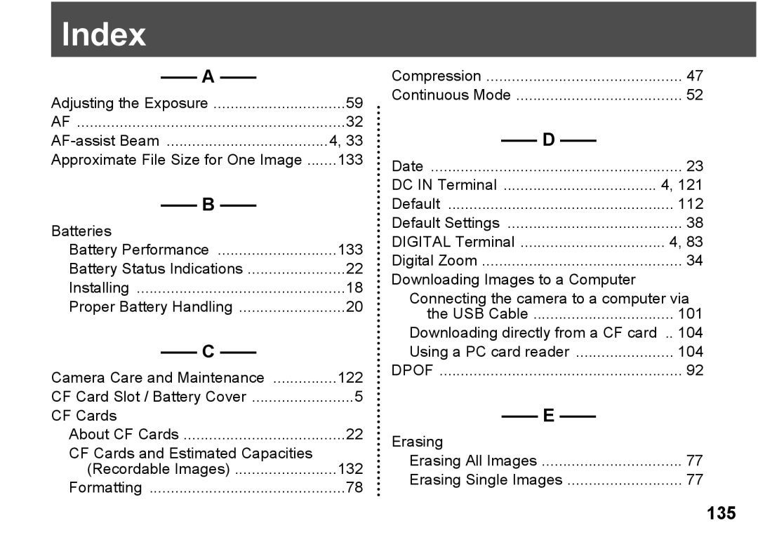 Canon A300 quick start Index, CF Cards, DC in Terminal Default 112, Digital Terminal, Erasing 