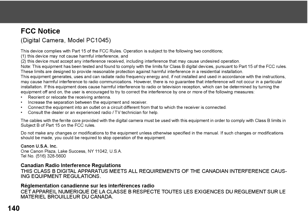 Canon A300 quick start FCC Notice, Digital Camera, Model PC1045 