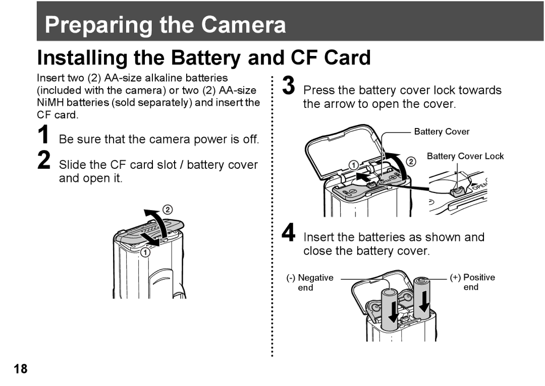 Canon A300 quick start Preparing the Camera, Installing the Battery and CF Card, Be sure that the camera power is off 