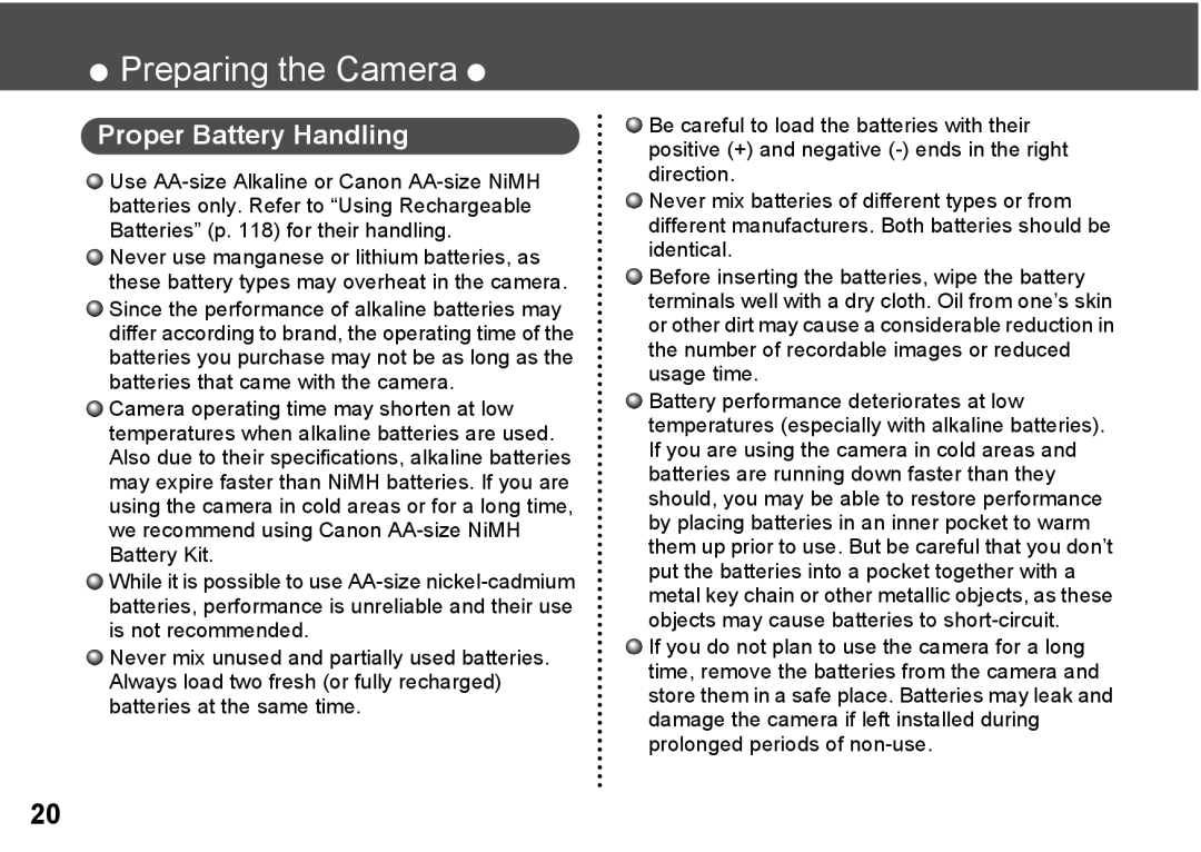 Canon A300 quick start Proper Battery Handling 