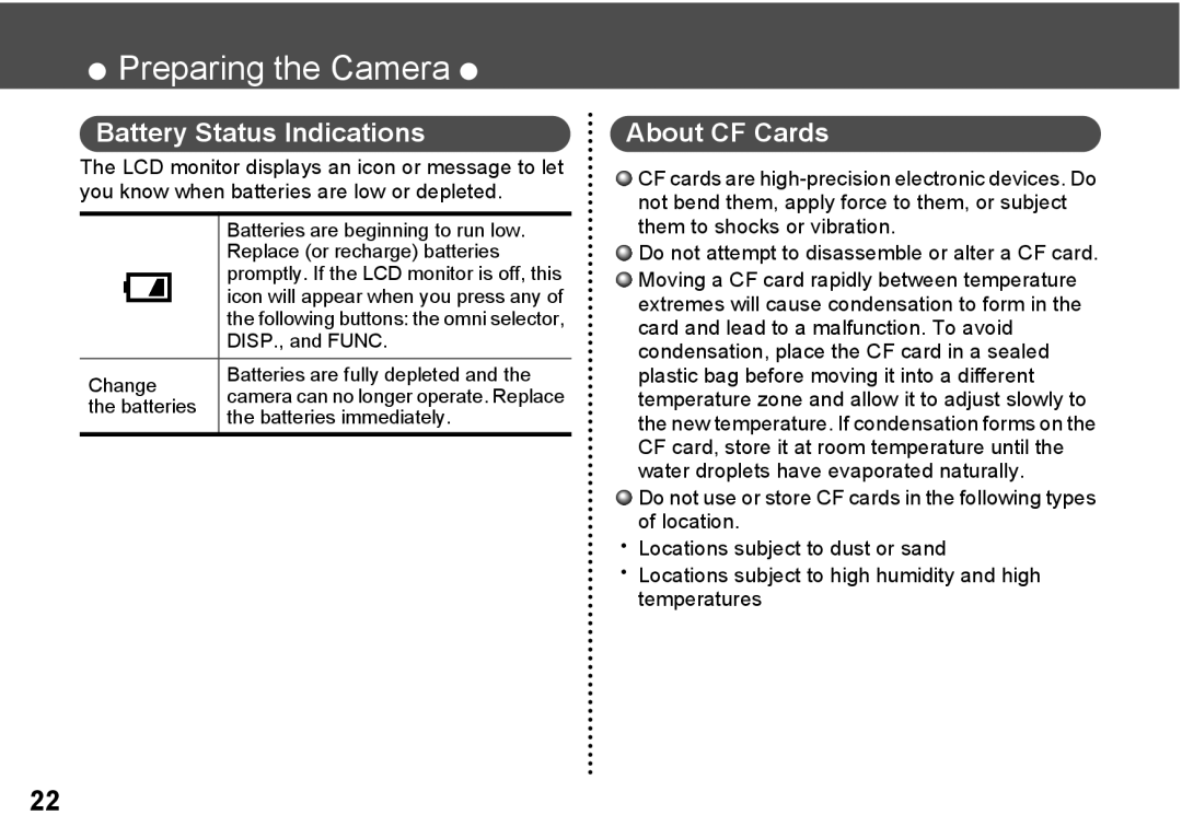 Canon A300 quick start Battery Status Indications, About CF Cards 