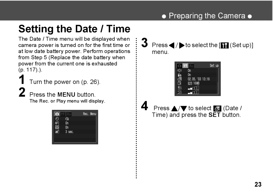 Canon A300 quick start Setting the Date / Time, Turn the power on p Press the Menu button, Rec. or Play menu will display 