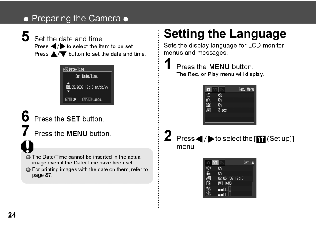 Canon A300 quick start Setting the Language, Set the date and time, Press the SET button Press the Menu button 