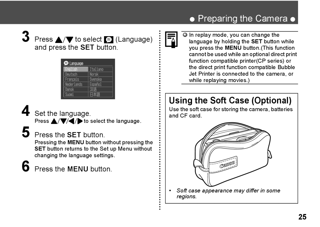 Canon A300 quick start Set the language, Press the SET button, Press To select the language, Changing the language settings 