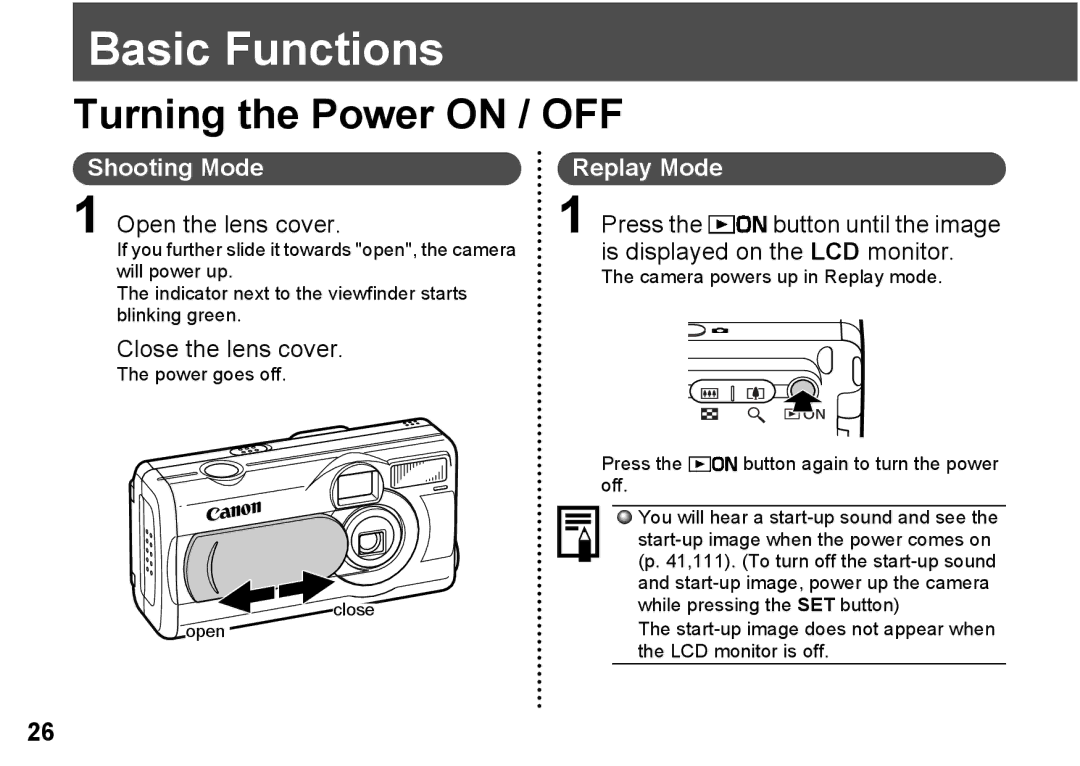 Canon A300 quick start Basic Functions, Turning the Power on / OFF, Shooting Mode, Replay Mode 