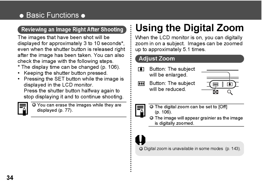 Canon A300 quick start Using the Digital Zoom, Adjust Zoom, You can erase the images while they are displayed p 