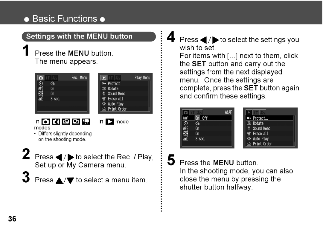 Canon A300 quick start Settings with the Menu button 