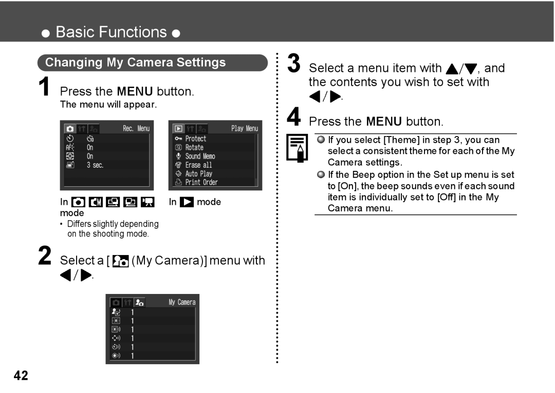 Canon A300 quick start Changing My Camera Settings, Press the Menu button. The menu will appear, Mode 