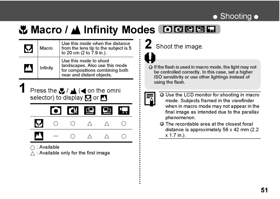 Canon A300 quick start Macro Infinity Modes, Press On the omni, Mode. Subjects framed in the viewfinder, Phenomenon 