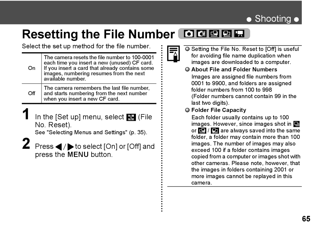 Canon A300 Resetting the File Number, Set up menu, select File No. Reset, Select the set up method for the file number 