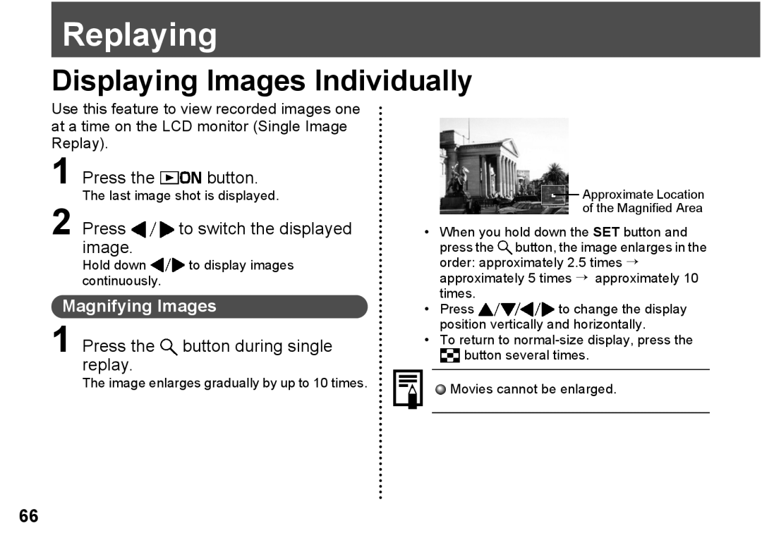 Canon A300 quick start Replaying, Displaying Images Individually, Magnifying Images 