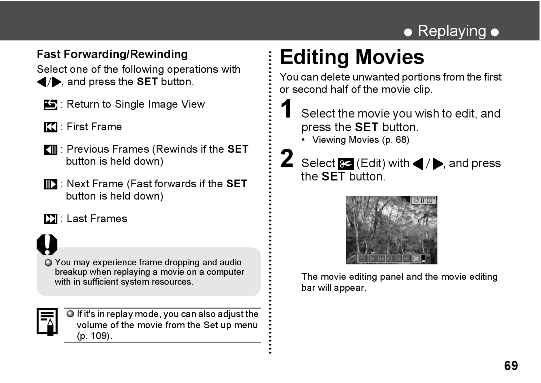 Canon A300 quick start Editing Movies, Select the movie you wish to edit, and press the SET button, Viewing Movies p 