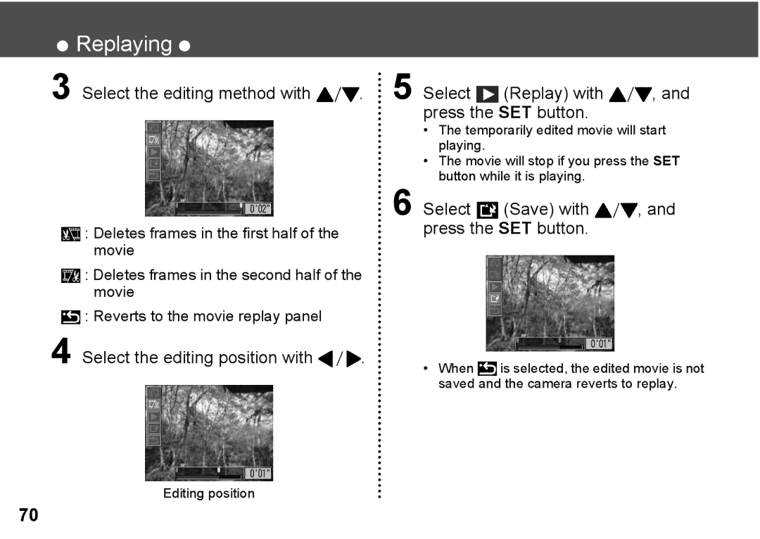 Canon A300 Select the editing method with, Select the editing position with, Select Replay with , and press the SET button 