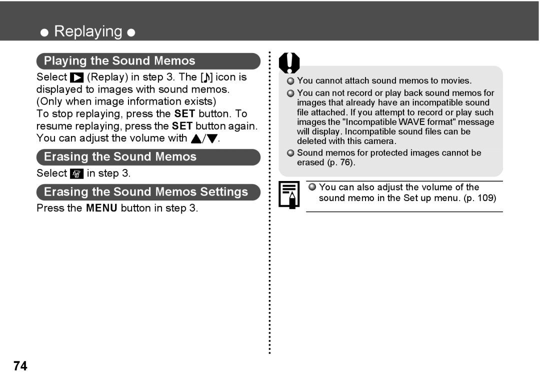 Canon A300 Playing the Sound Memos, Erasing the Sound Memos Settings, Select in step, Press the Menu button in step 