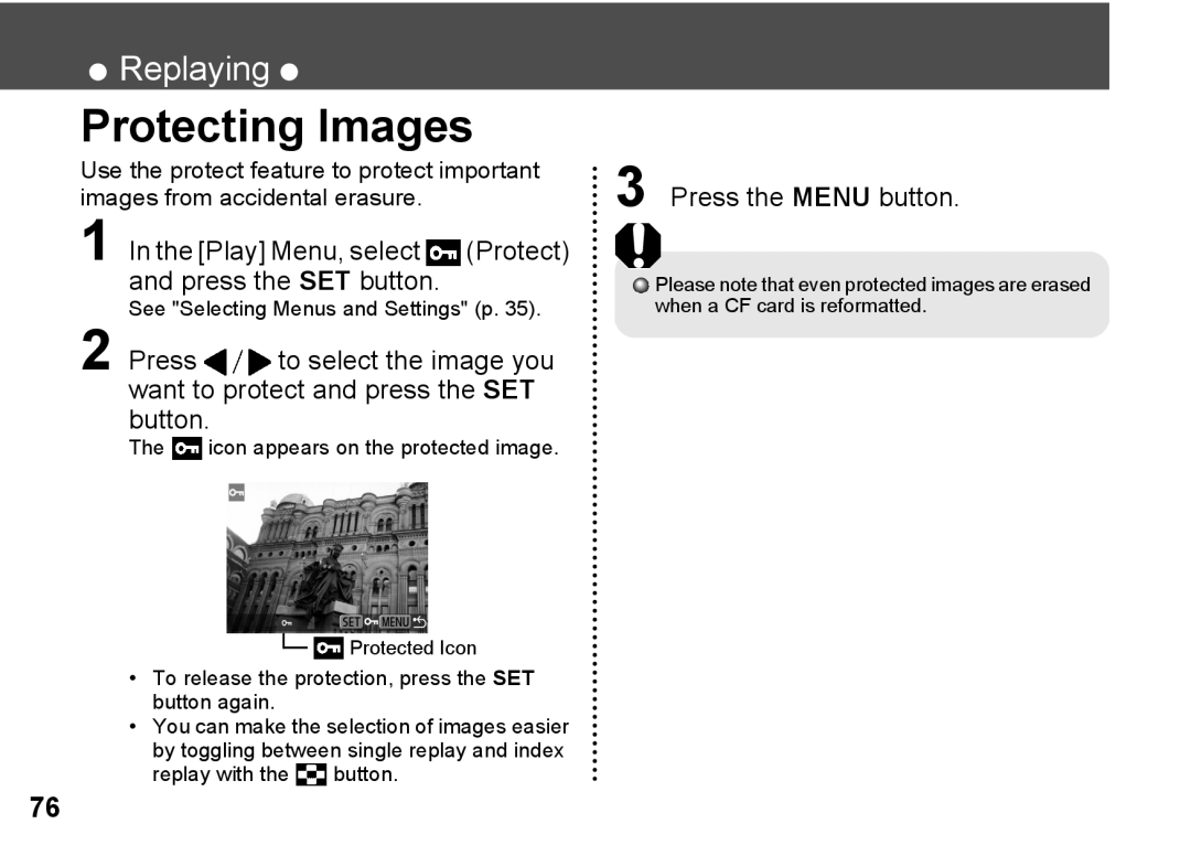 Canon A300 Protecting Images, Play Menu, select Protect and press the SET button, Icon appears on the protected image 