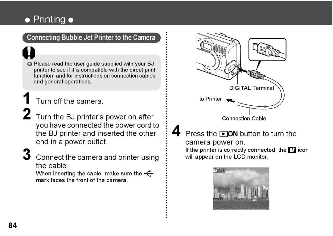 Canon A300 quick start Connecting Bubble Jet Printer to the Camera, Turn the BJ printers power on after, Cable 