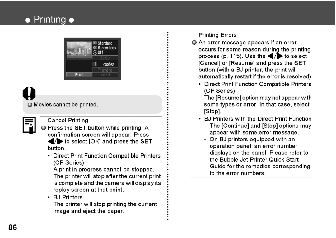 Canon A300 quick start Movies cannot be printed 