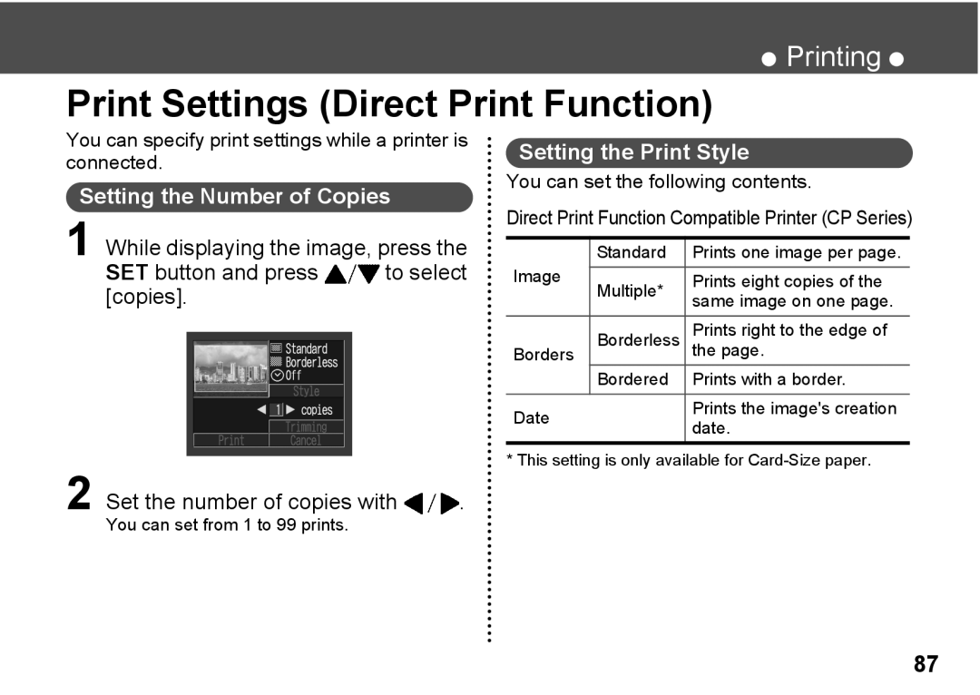 Canon A300 quick start Print Settings Direct Print Function, Setting the Number of Copies, Setting the Print Style 