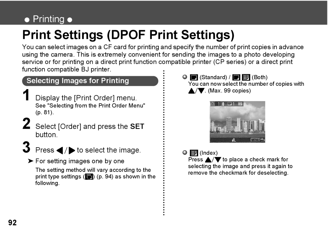 Canon A300 quick start Print Settings Dpof Print Settings, Selecting Images for Printing, Display the Print Order menu 