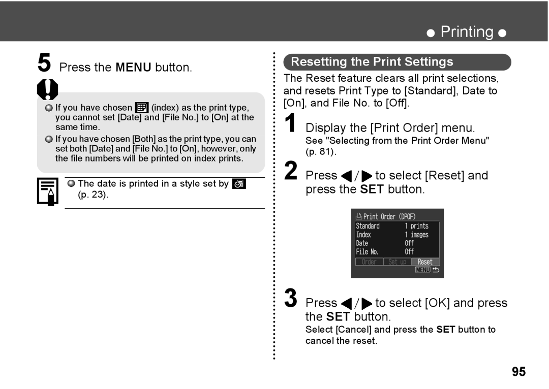 Canon A300 quick start Resetting the Print Settings, Select Cancel and press the SET button to cancel the reset 