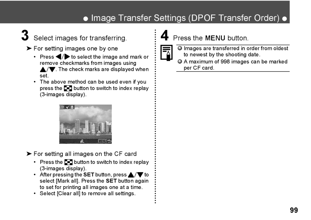 Canon A300 quick start Select images for transferring, Press the button to switch to index replay 3-images display 