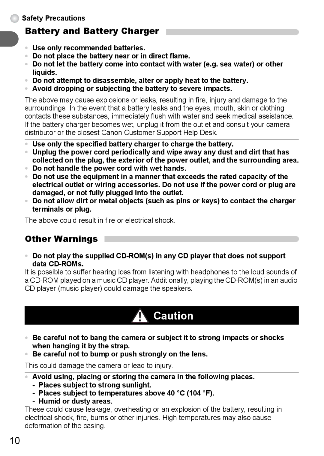 Canon A3100 IS, A3000 IS, A3150 IS manual Battery and Battery Charger, Other Warnings, Safety Precautions 