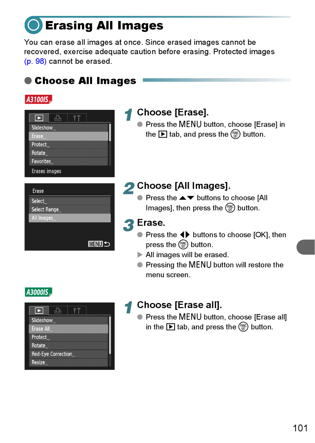 Canon A3150 IS, A3000 IS, A3100 IS manual Erasing All Images, Choose Erase all 