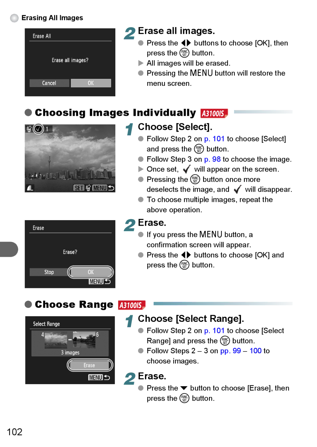 Canon A3000 IS, A3100 IS, A3150 IS manual Erase all images, Erasing All Images 