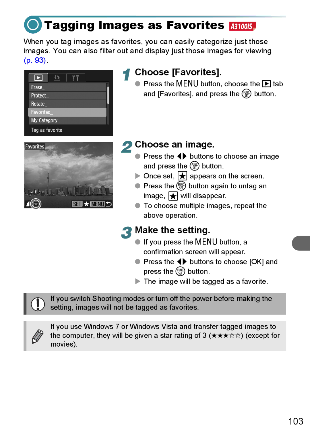 Canon A3100 IS, A3000 IS, A3150 IS manual Tagging Images as Favorites, Choose Favorites 