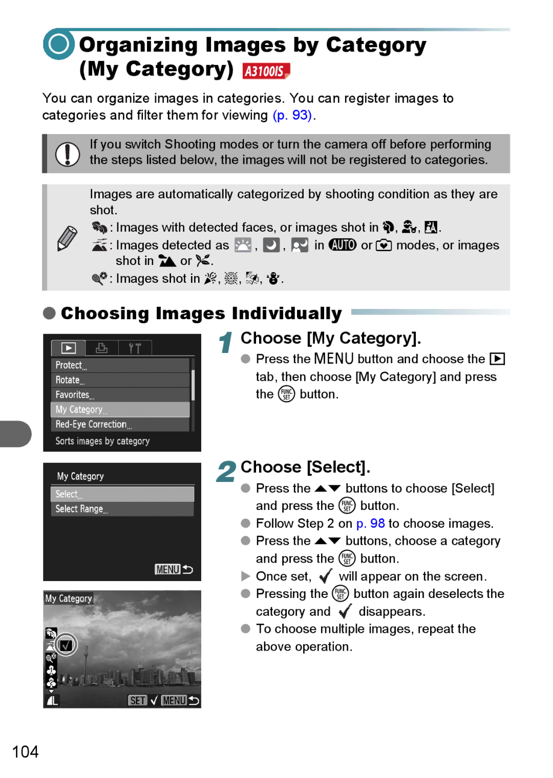 Canon A3150 IS, A3000 IS, A3100 IS manual Organizing Images by Category My Category, Choose My Category 