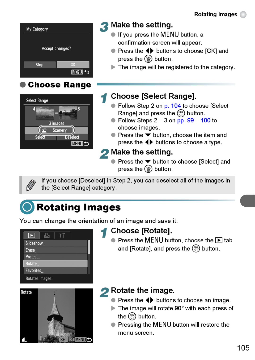 Canon A3000 IS, A3100 IS, A3150 IS manual Rotating Images, Choose Rotate, Rotate the image 