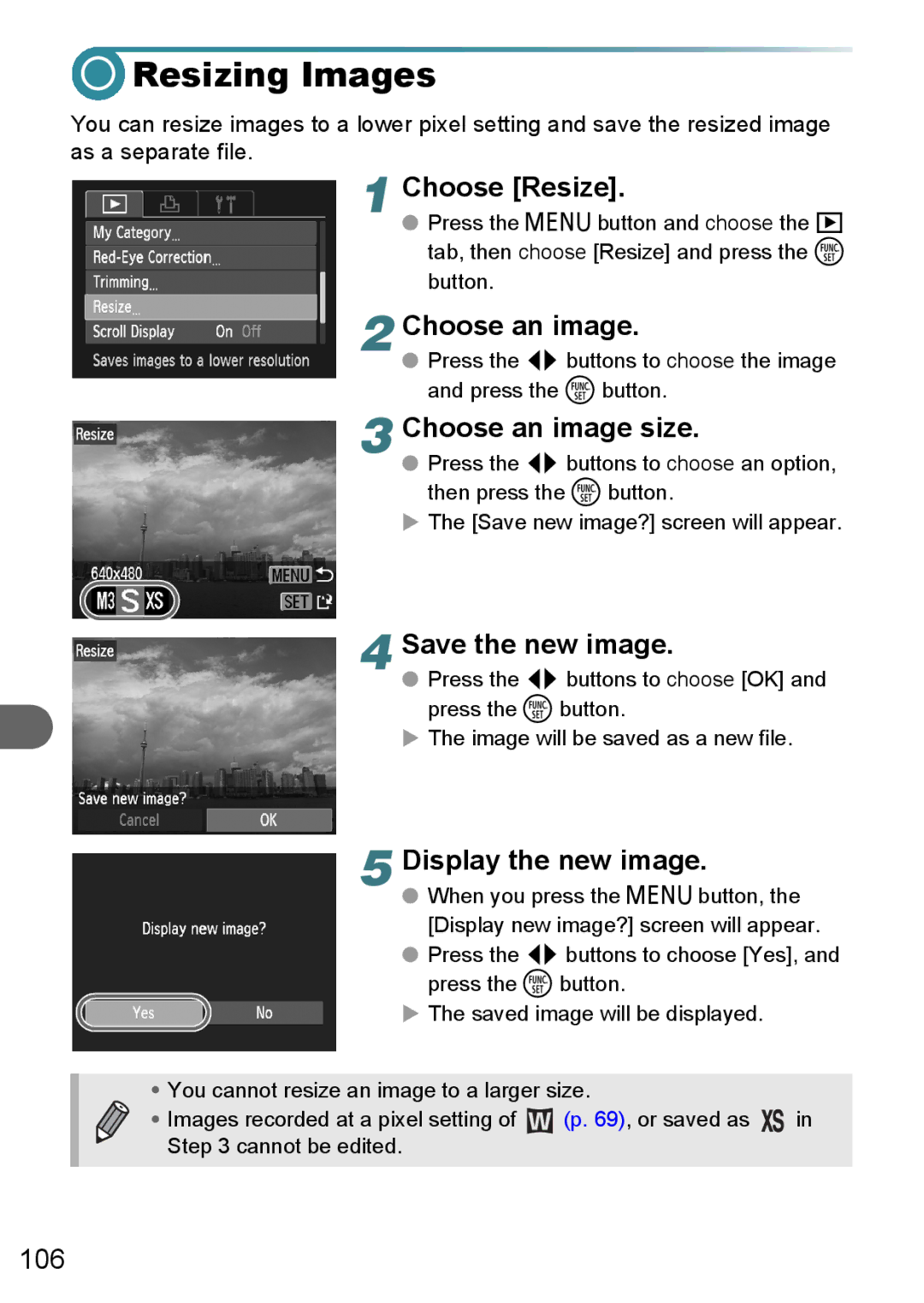 Canon A3100 IS, A3000 IS Resizing Images, Choose Resize, Choose an image size, Save the new image, Display the new image 