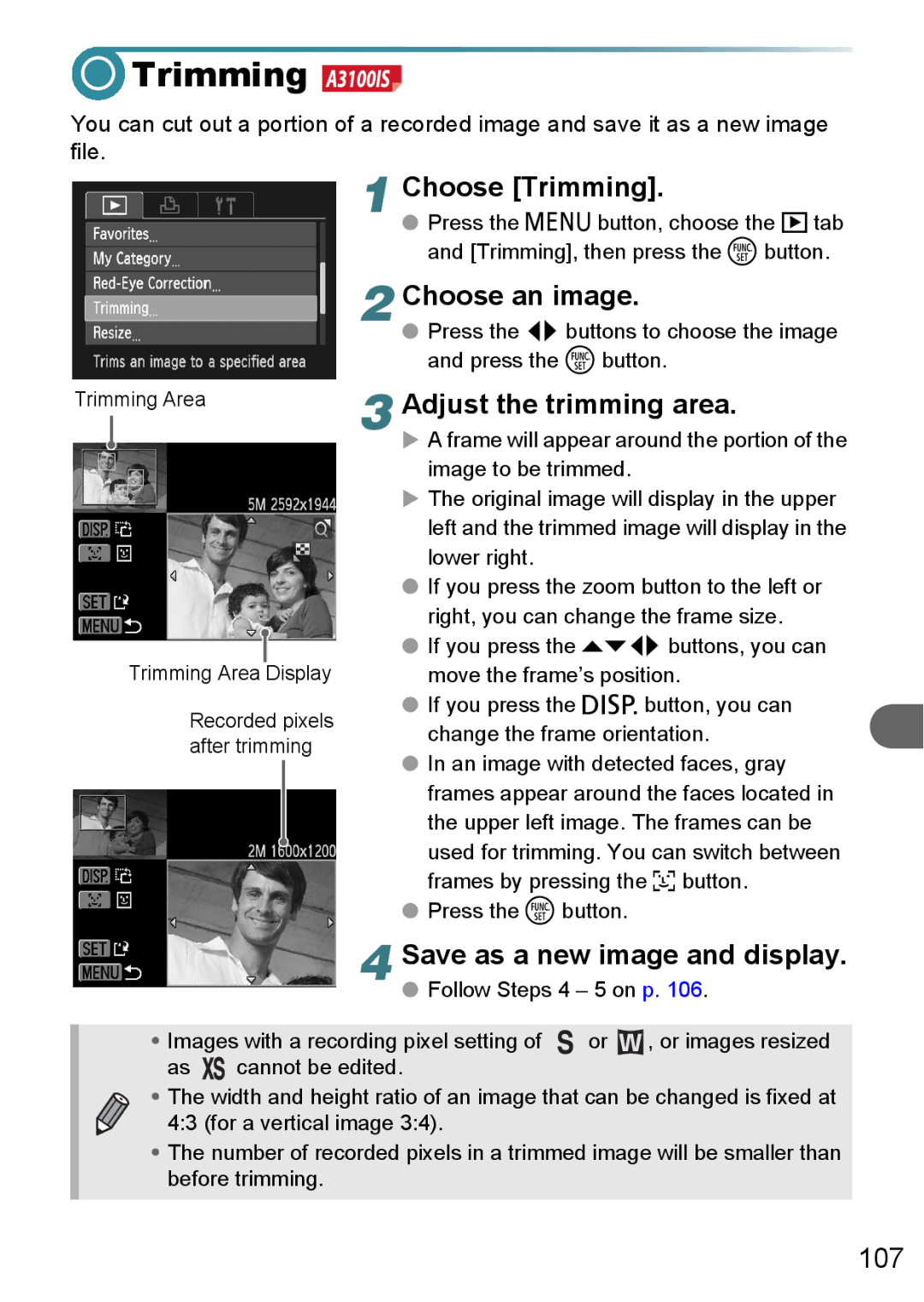 Canon A3150 IS, A3000 IS, A3100 IS manual Choose Trimming, Adjust the trimming area, Save as a new image and display 