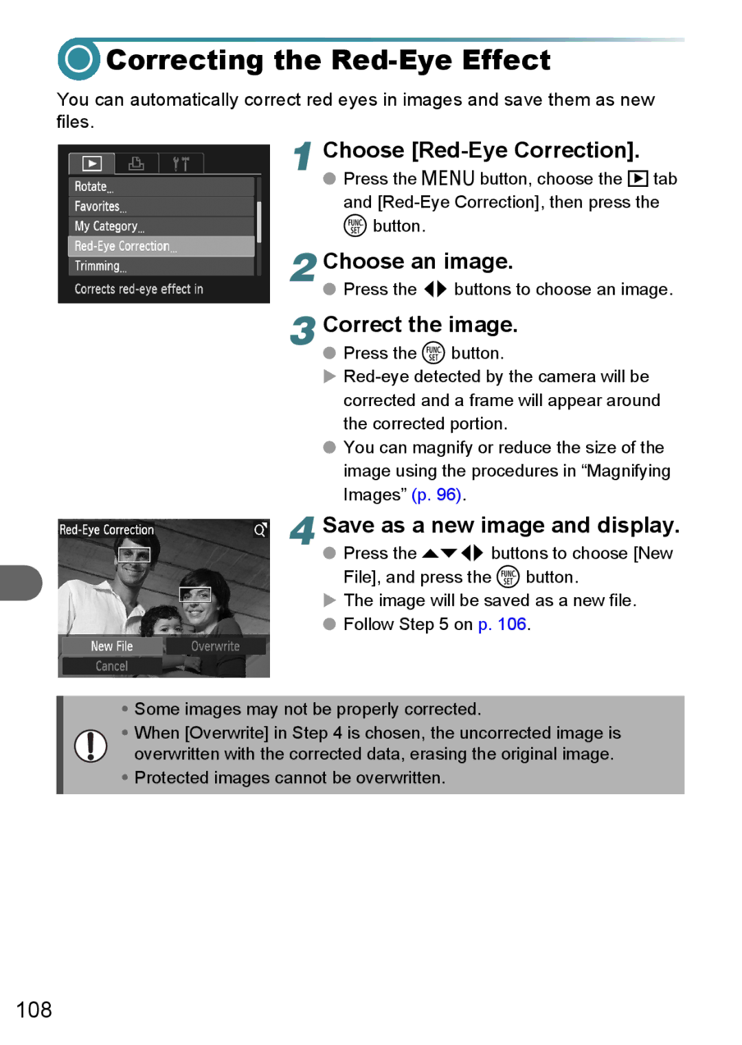 Canon A3000 IS, A3100 IS, A3150 IS manual Correcting the Red-Eye Effect, Choose Red-Eye Correction, Correct the image 