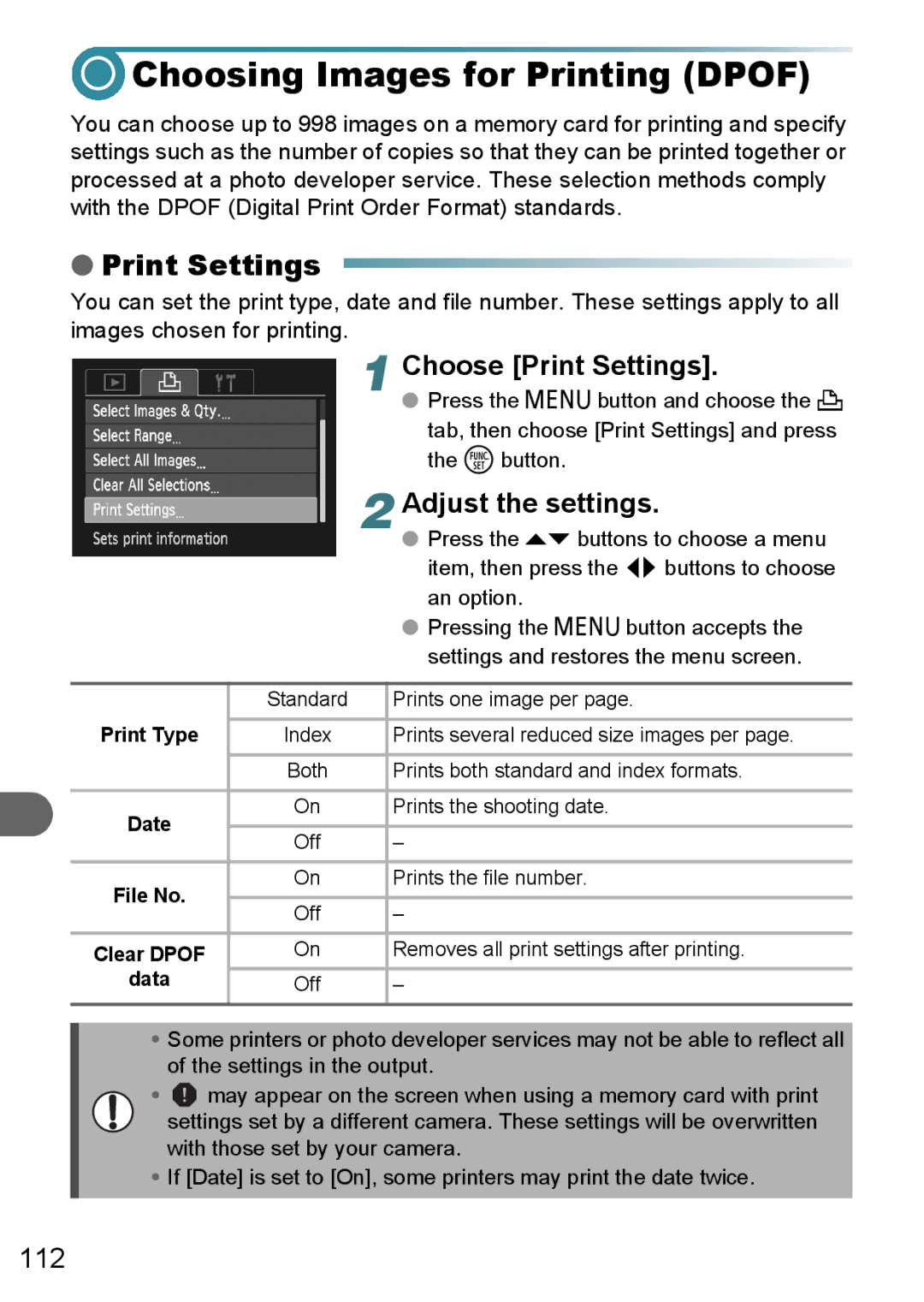 Canon A3100 IS, A3000 IS, A3150 IS Choosing Images for Printing Dpof, Choose Print Settings, Adjust the settings, Data 