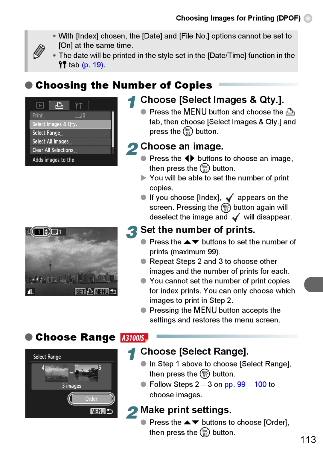 Canon A3150 IS Choosing the Number of Copies, Choose Select Images & Qty, Set the number of prints, Make print settings 