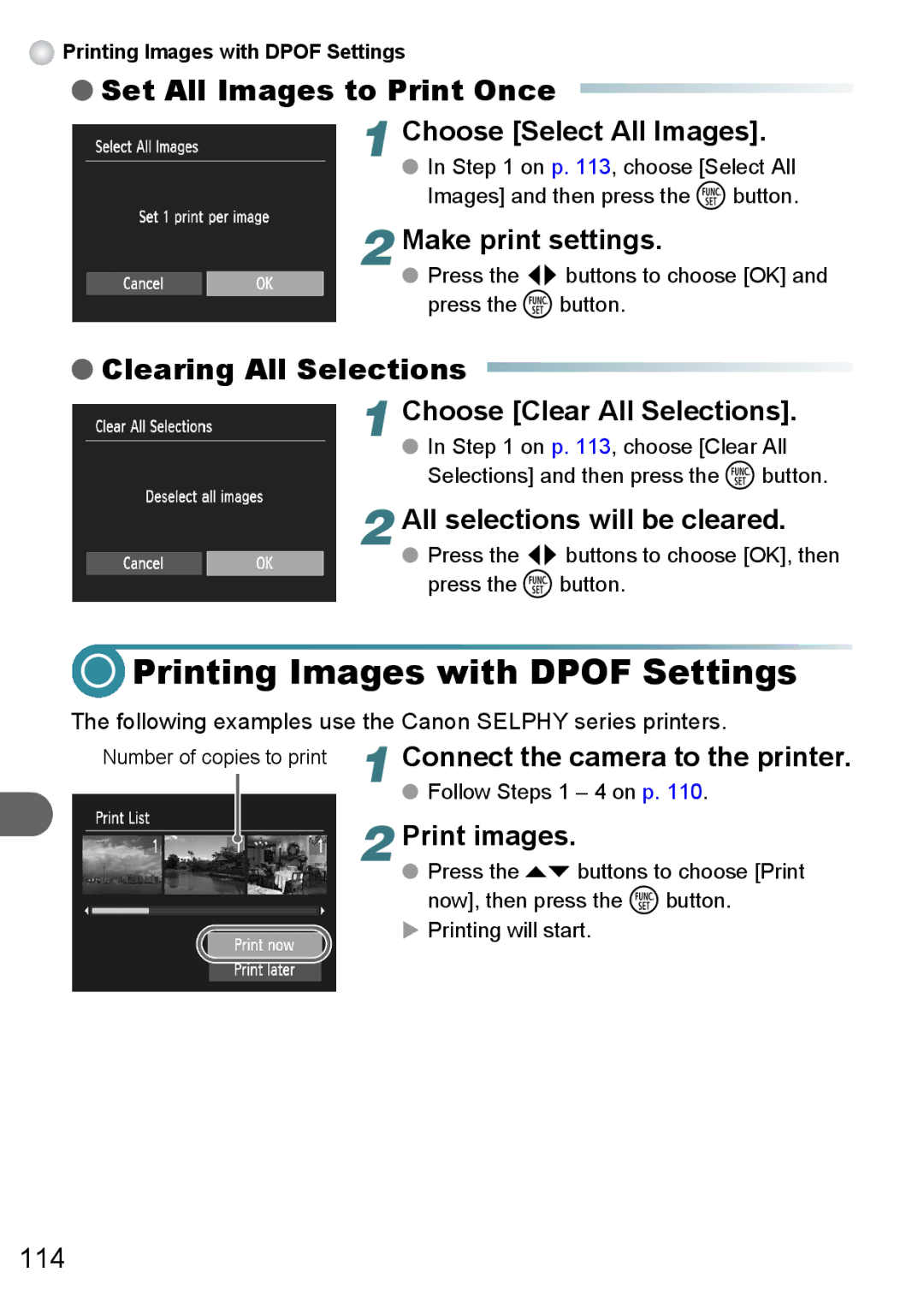 Canon A3000 IS, A3100 IS manual Printing Images with Dpof Settings, Set All Images to Print Once, Clearing All Selections 