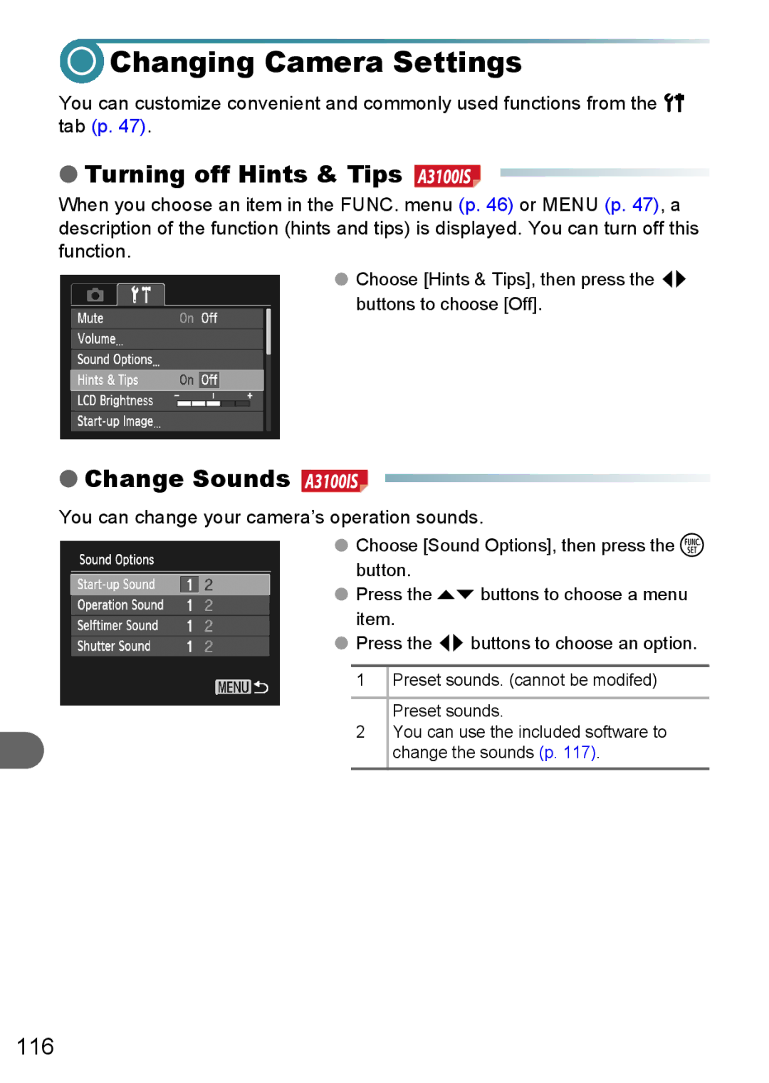 Canon A3150 IS, A3000 IS, A3100 IS manual Changing Camera Settings, Turning off Hints & Tips, Change Sounds 